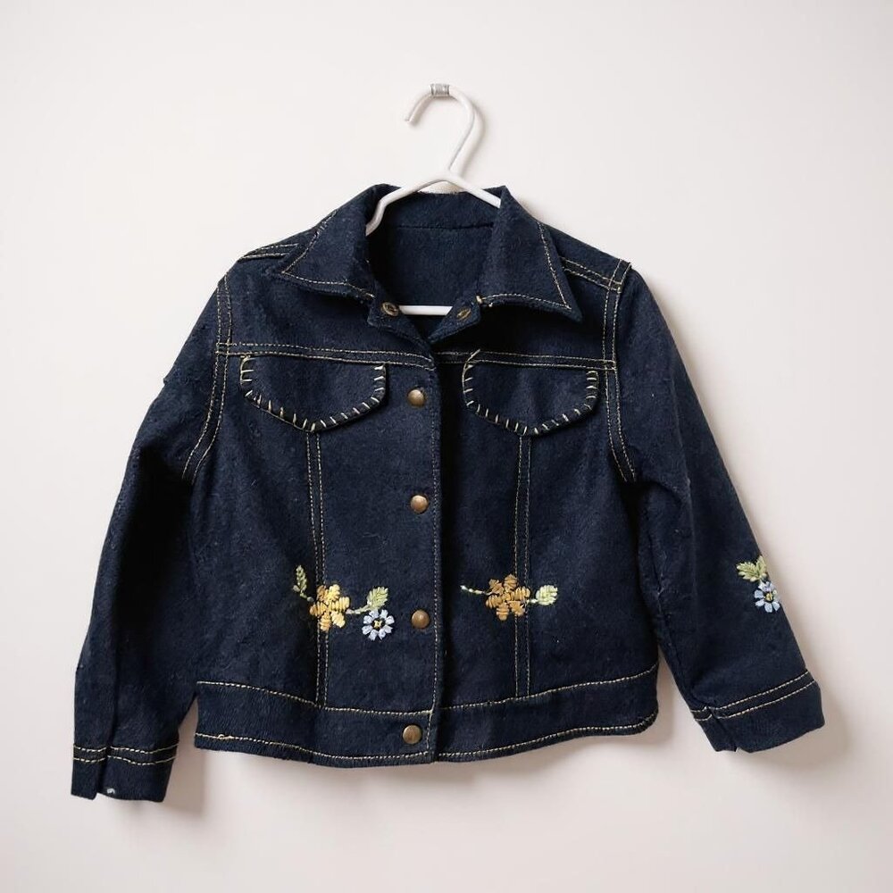 Embroidered Floral Denim Jacket Vintage Indigo Contrast Stitch Brass Button 3/55